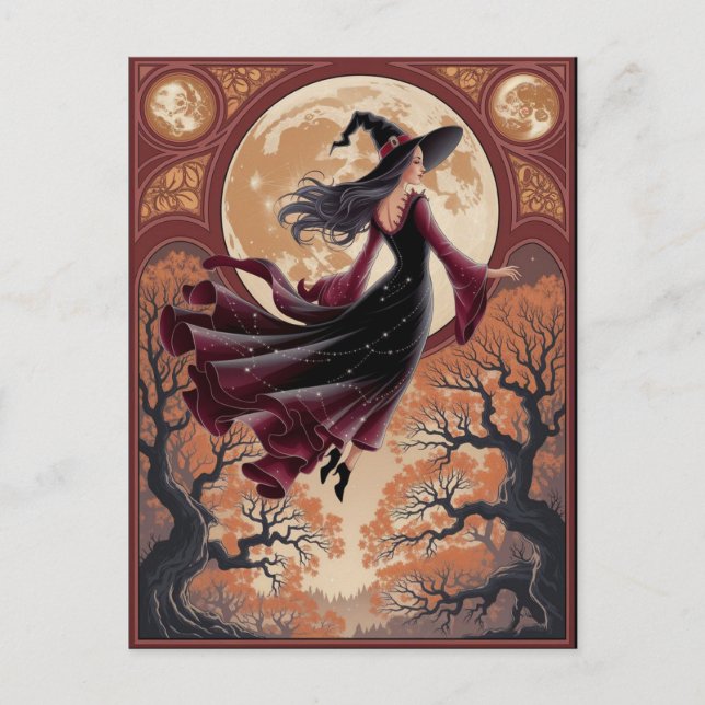 Halloween Spooky Witch Flying Across a Full Moon Postcard (Front)
