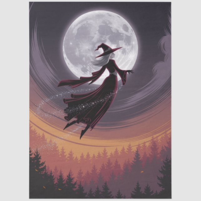Halloween Spooky Witch Flying Across a Full Moon Tissue Paper (Front)