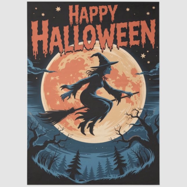 Halloween Spooky Witch Flying Across a Full Moon Tissue Paper (Front)