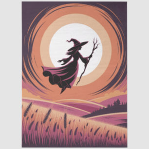 Halloween Spooky Witch Flying Across a Full Moon Tissue Paper