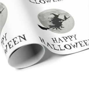 Halloween Spooky Witch Flying Across a Full Moon   Wrapping Paper