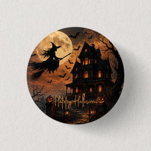 Halloween Spooky Witch Flying Over Haunted House 3 Cm Round Badge