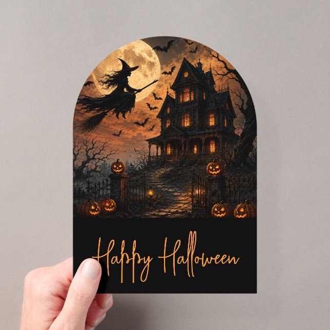 Halloween Spooky Witch Flying Over Haunted House w Acrylic Invitations (Insitu (Handheld))