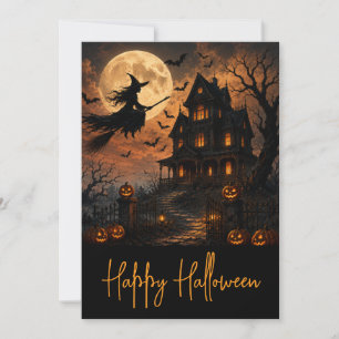 Halloween Spooky Witch Flying Over Haunted House w Invitation