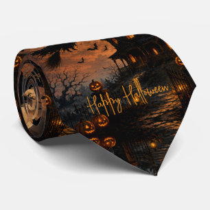 Halloween Spooky Witch Flying Over Haunted House w Tie