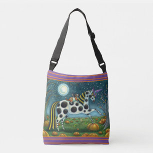 HALLOWEEN SPOTTED PONY AND BAT CAT Whimsical Horse Crossbody Bag