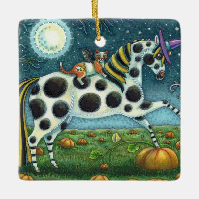HALLOWEEN SPOTTED PONY & BAT CAT Fantasy Horse Ceramic Ornament (Front)
