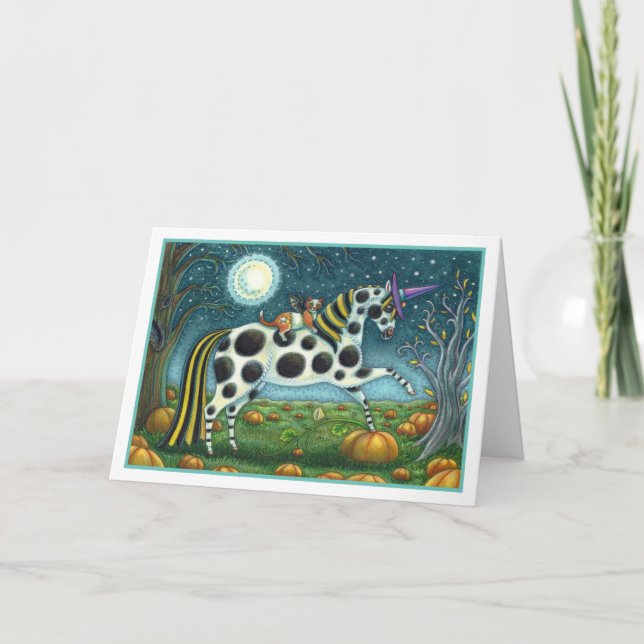 HALLOWEEN SPOTTED PONY & BAT CAT Fantasy Horse Holiday Card (Front)