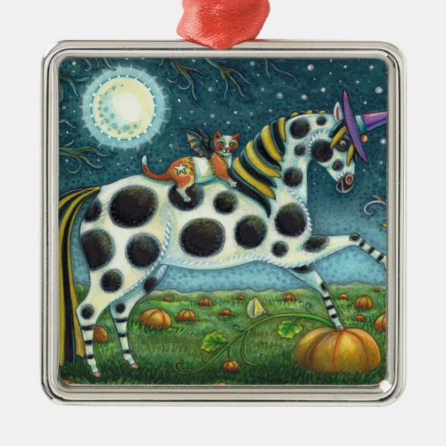 HALLOWEEN SPOTTED PONY & BAT CAT Fantasy Horse Metal Tree Decoration (Front)