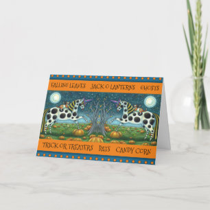 HALLOWEEN SPOTTED PONY & BAT CAT Whimsical Horse Holiday Card