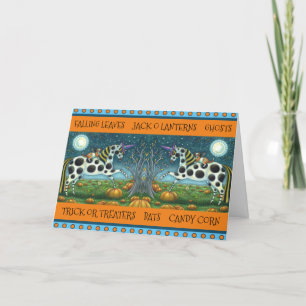HALLOWEEN SPOTTED PONY & BAT CAT Whimsical Horse Holiday Card