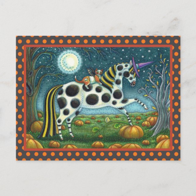 HALLOWEEN SPOTTED PONY & BAT CAT Whimsical Horse Postcard (Front)