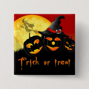 Halloween Square Button/Flying Witch and Pumpkins 15 Cm Square Badge