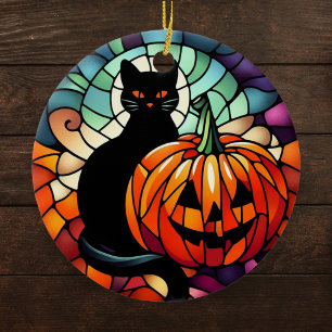 Halloween Stained Glass Black Cat Pumpkin Ceramic Tree Decoration