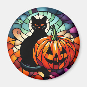 Halloween Stained Glass Black Cat Pumpkin Magnet