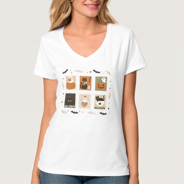 Halloween Stamp Panel T-Shirt – Cute Penguin Witch (Front)