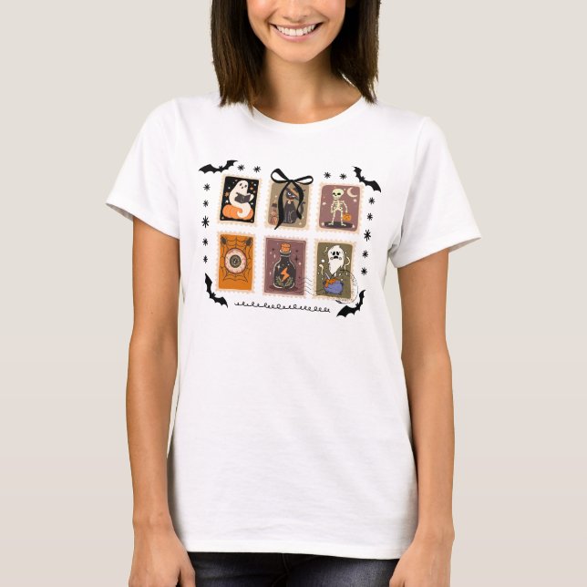 Halloween Stamp Spooky Postcard Ghost Skeleton T-Shirt (Front)