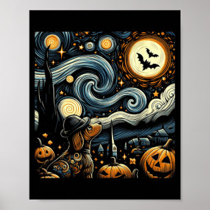 Halloween Starry Art Night Sky Art Dog Pumpkins Poster