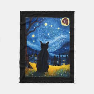 Halloween Starry Night Black Cat Comma La Kamala H Fleece Blanket
