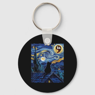 Halloween Starry Night Black Cat Comma La Kamala H Key Ring