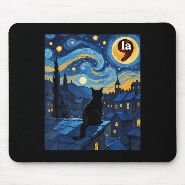 Halloween Starry Night Black Cat Comma La Kamala H Mouse Mat (Front)