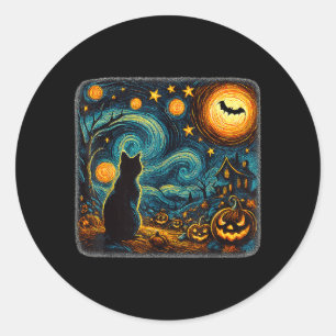 Halloween Starry Night Black Cat Pumpkins Art Men Classic Round Sticker