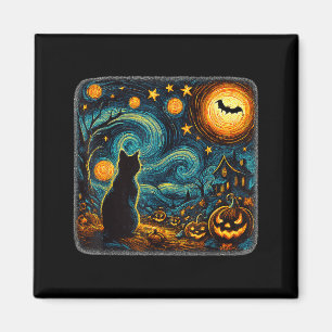 Halloween Starry Night Black Cat Pumpkins Art Men Magnet