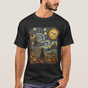 Halloween Starry Night Cat Skeleton Gothic T-Shirt