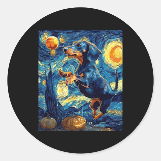 Halloween Starry Night Puppy Dachshund Classic Round Sticker (Front)