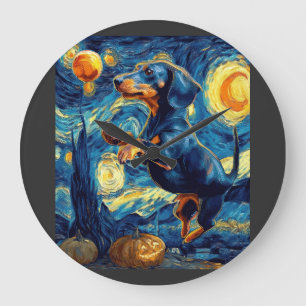 Halloween Starry Night Puppy Dachshund Large Clock