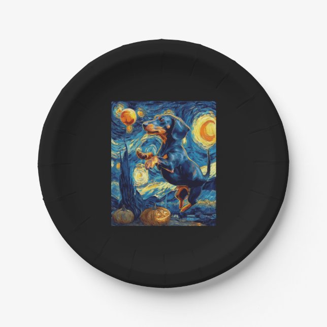 Halloween Starry Night Puppy Dachshund Paper Plate (Front)