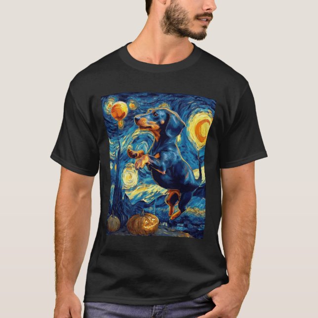 Halloween Starry Night Puppy Dachshund T-Shirt (Front)