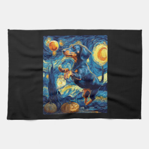 Halloween Starry Night Puppy Dachshund Tea Towel