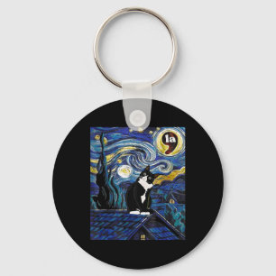 Halloween Starry Night Tuxedo Cat Comma La Kamala  Key Ring