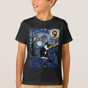 Halloween Starry Night Tuxedo Cat Comma La Kamala T-Shirt