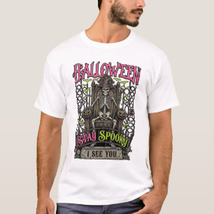 Halloween Stay Spooky Skeleton Throne Witch Hat Pu T-Shirt