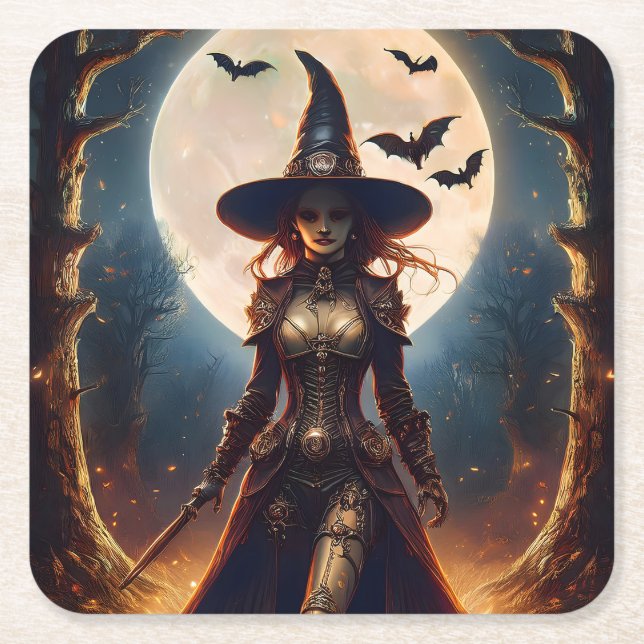 Halloween Steampunk Forest Witch Square Paper Coaster (Front)