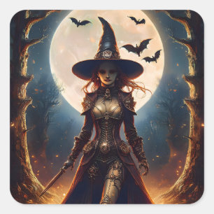 Halloween Steampunk Forest Witch Square Sticker