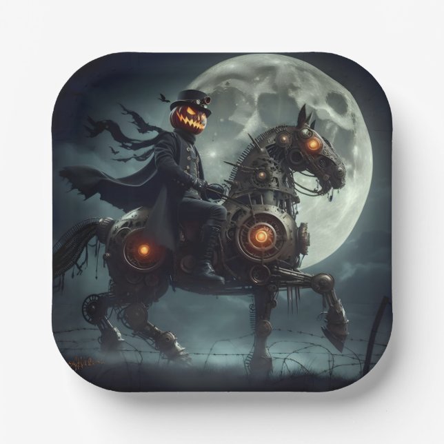 Halloween Steampunk Headless Horseman Paper Plate (Front)