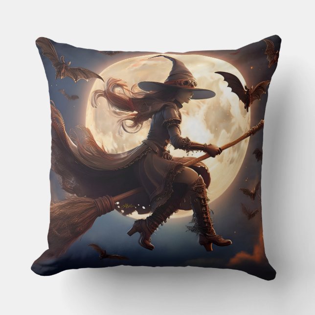 Halloween Steampunk Witch Moonlight Flight Cushion (Front)