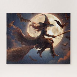 Halloween Steampunk Witch Moonlight Flight Jigsaw Puzzle