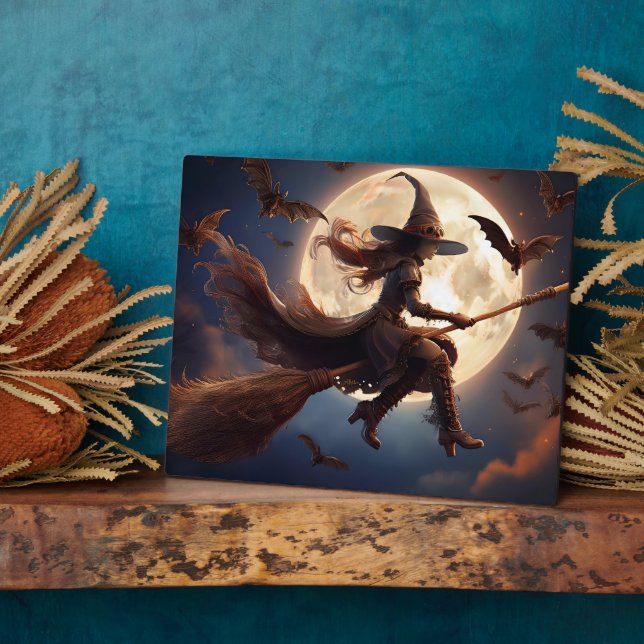 Halloween Steampunk Witch Moonlight Flight Plaque (Side)