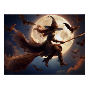 Halloween Steampunk Witch Moonlight Flight Poster
