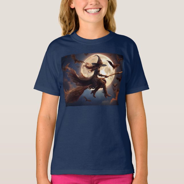 Halloween Steampunk Witch Moonlight Flight T-Shirt (Front)