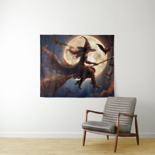 Halloween Steampunk Witch Moonlight Flight Tapestry