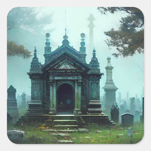 Halloween Sticker Graveyard Mausoleum Cemetary (Front)