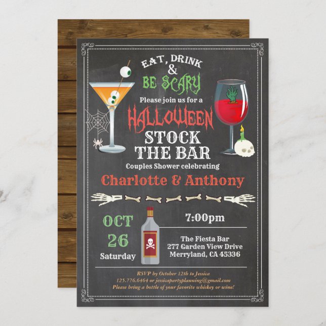 Halloween stock the bar couples shower chalkboard invitation (Front/Back)