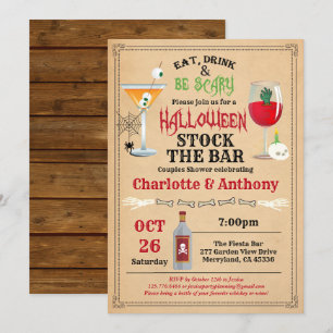 Halloween stock the bar couples shower rustic invitation