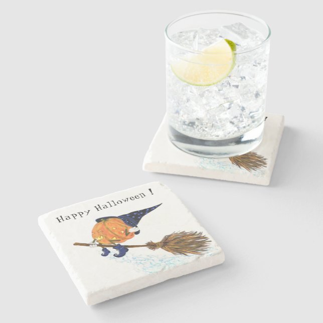 Halloween Stone Coaster Witch Pumpkin Flying Broom (Side)