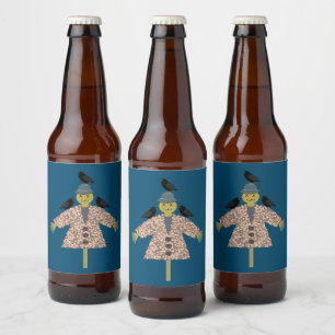 Halloween Straw Scarecrow and Ravens Beer Bottle Label